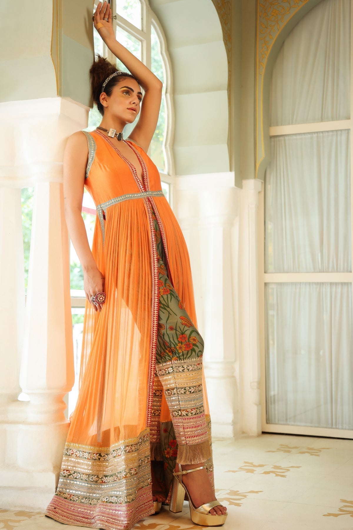 Image of Dilruba narangi longline ruched jacket & pants set