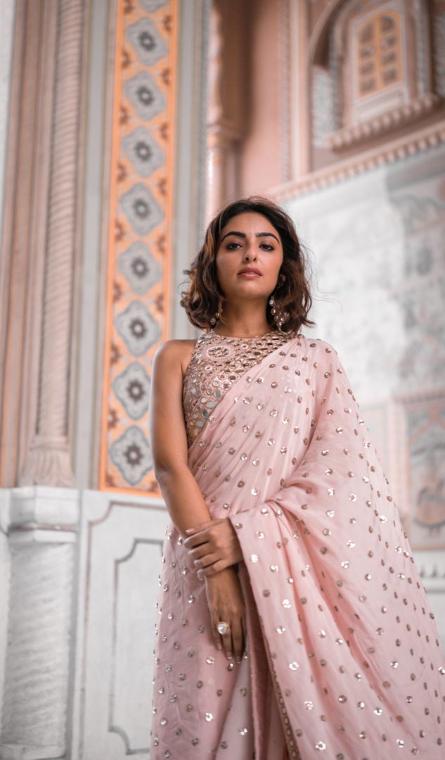 Blush Pink Chinon Hand Embroidered Saree Set