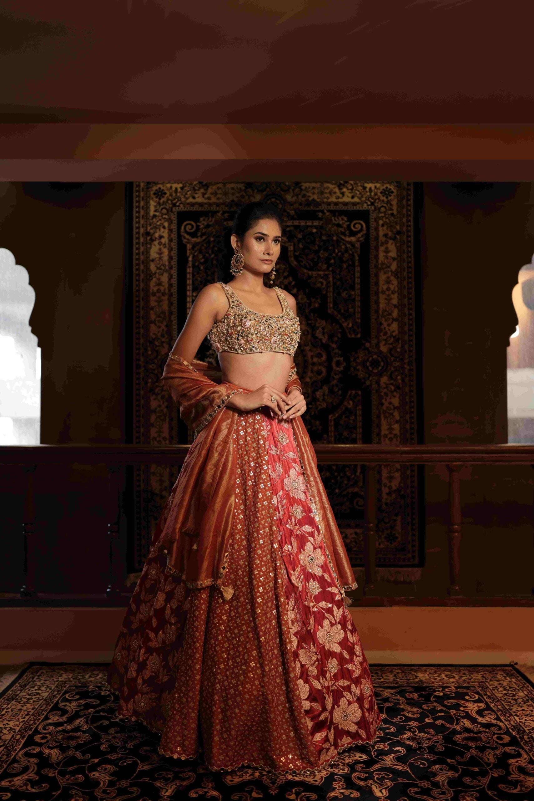 The "Virasat" lehenga choli / Red & Rust jewel embellished lehenga set