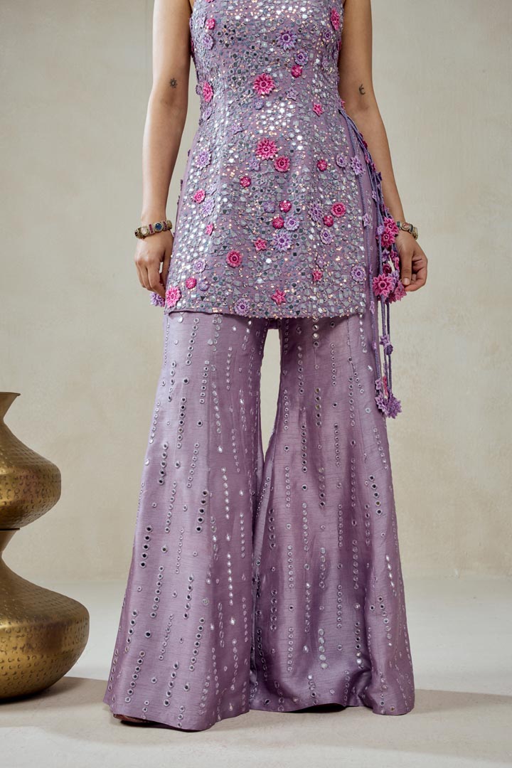Mauve Halter Neck Kurta Set With Embroidered Sharara Trouser