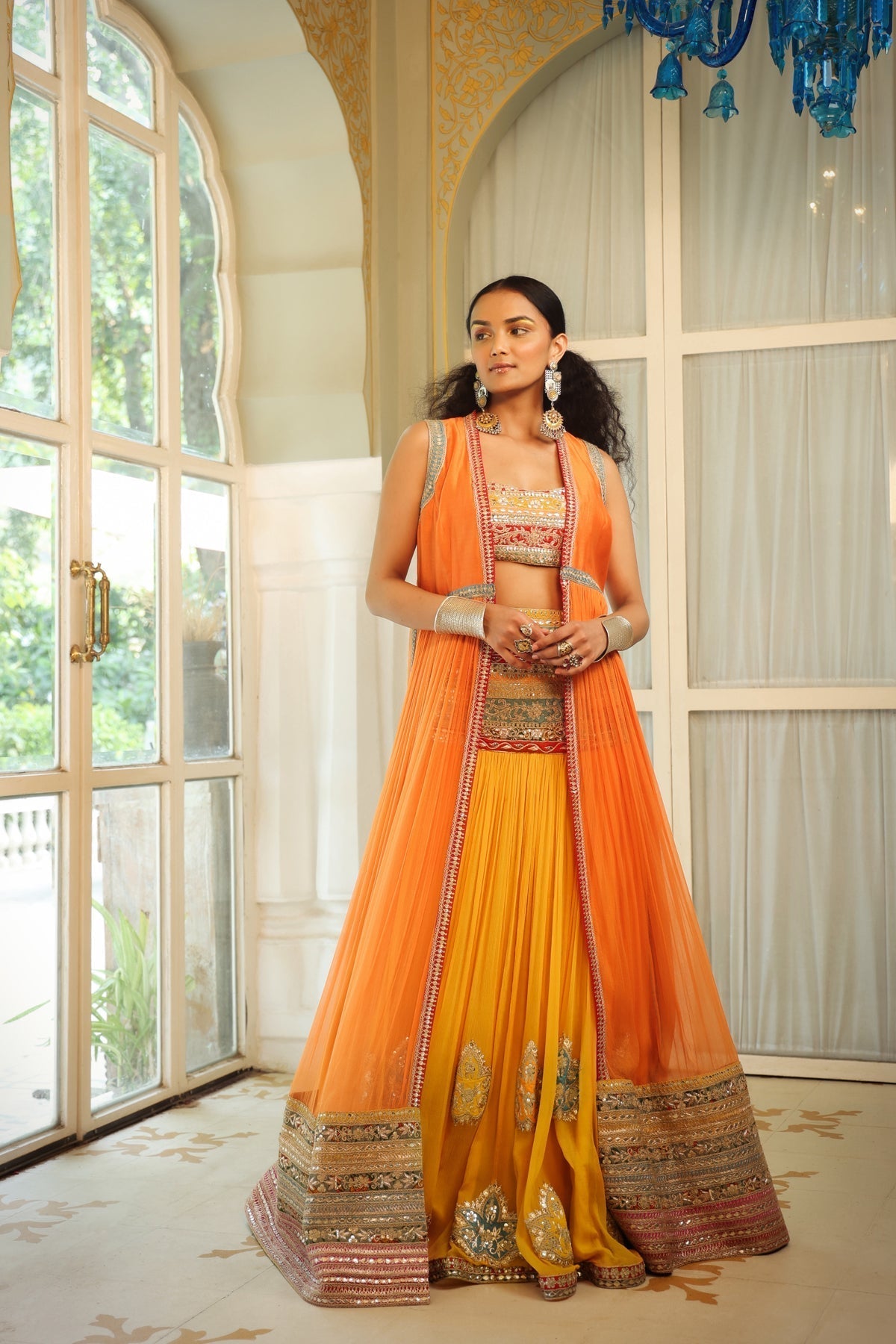 Image of Dilruba narangi longline ruched jacket with  dilruba haseen lehenga and rangeen blouse set