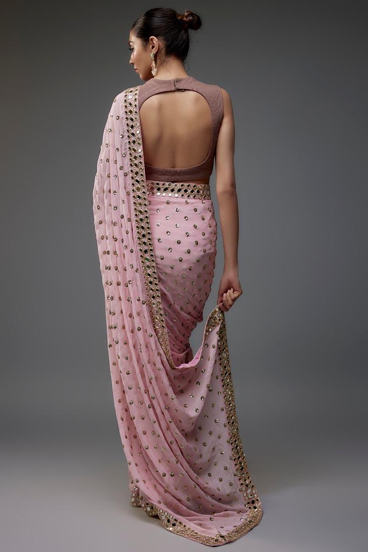 Blush Pink Chinon Sequins Hand Embroidered Saree