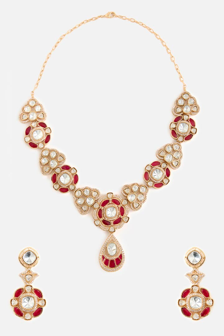 Gold-Plated Red Gemstones Kundan Necklace & Earring Set