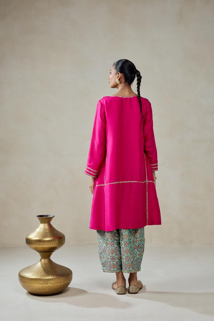 Fuschia Embroidered Silk Kurta with Aqua Patola Salwar Set