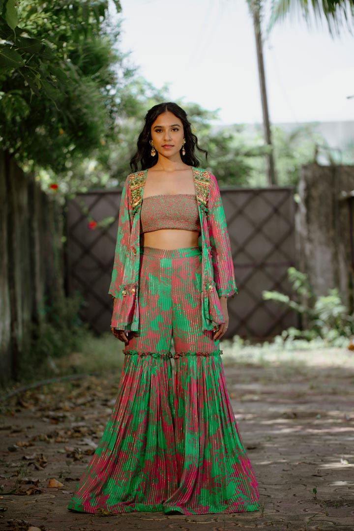 Green Viscose Georgette Digital Printed Sharara Set