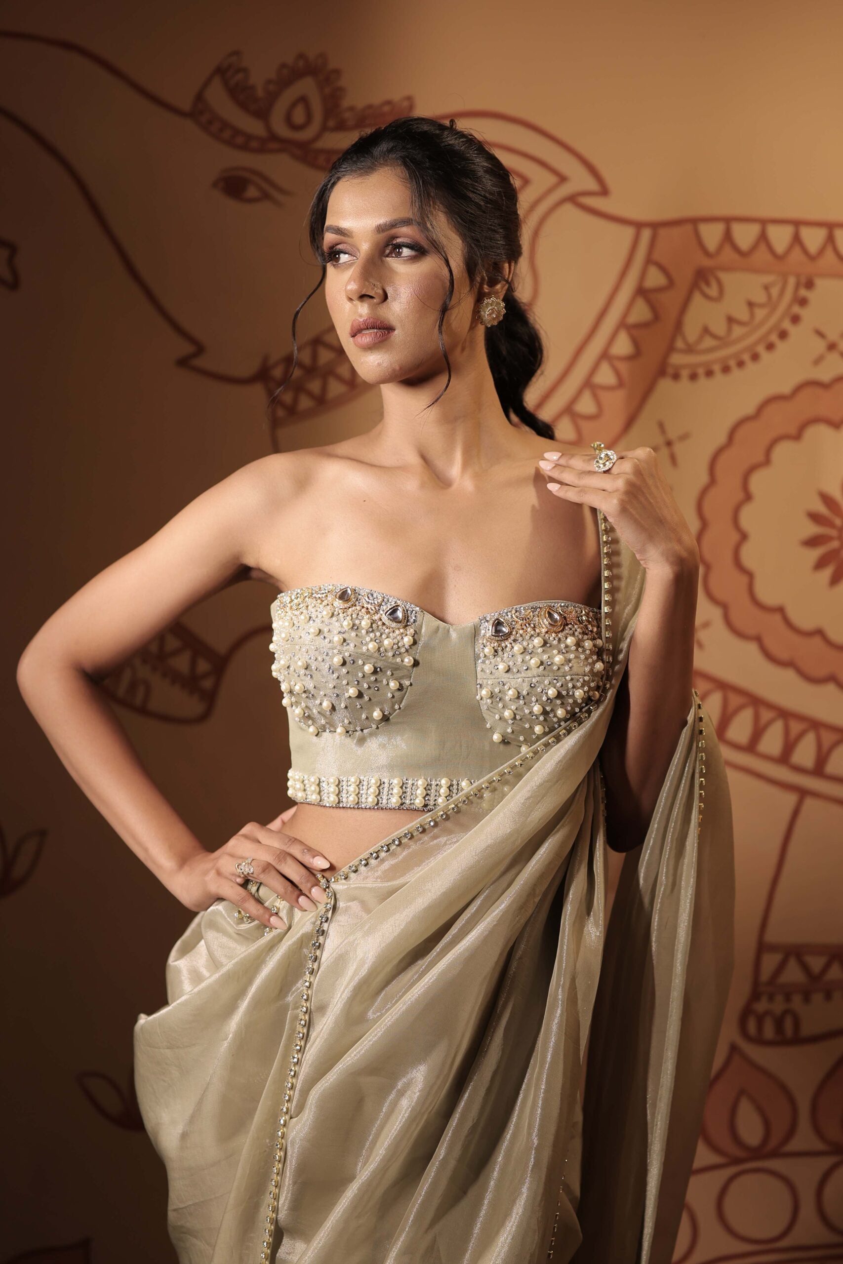 The "Nirvana " pearl saree / Pastel green kundan and pearl embellished tissue saree set