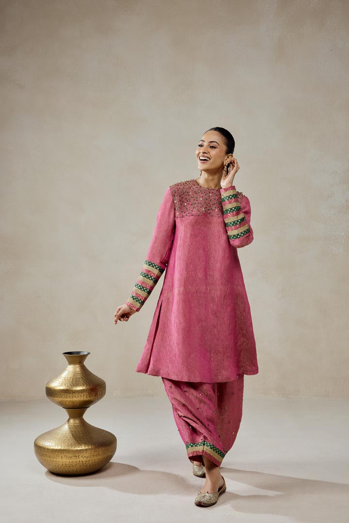 Rose Pink Crinkle Tissue Suit Set - Elegant Festive Wear