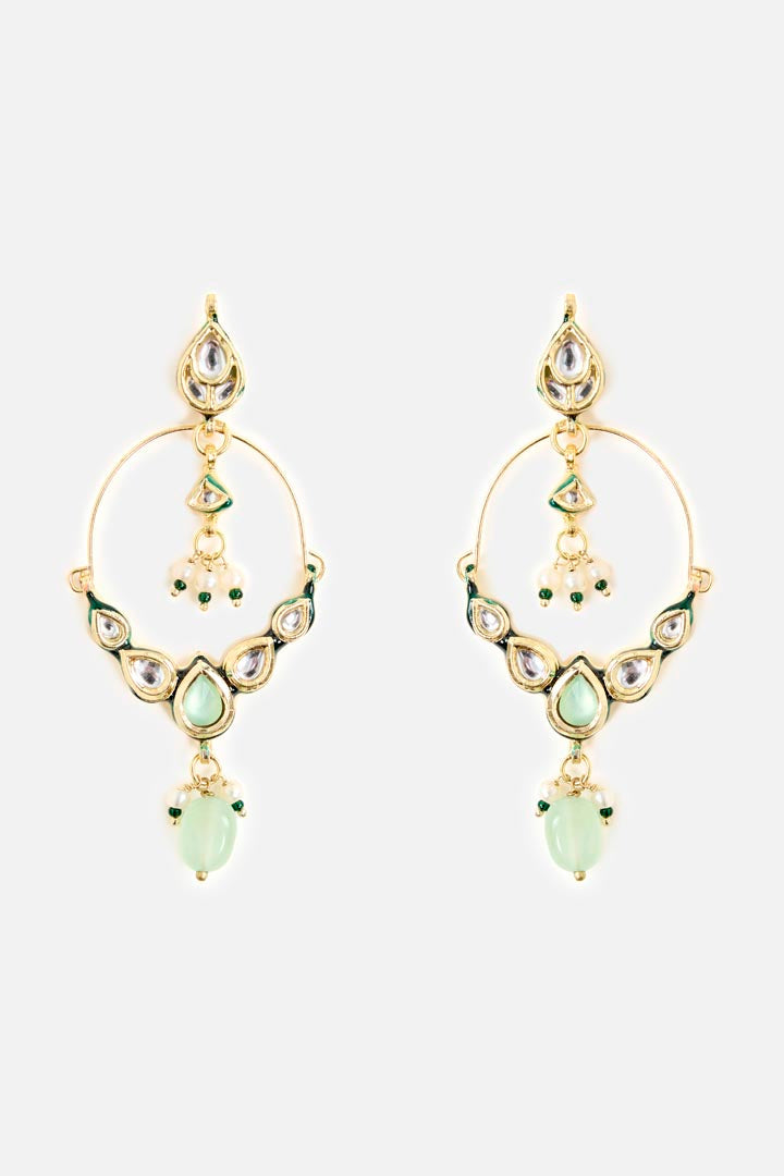 Gold-Plated Polki Earrings with Pink Accents & Green Bead Drops