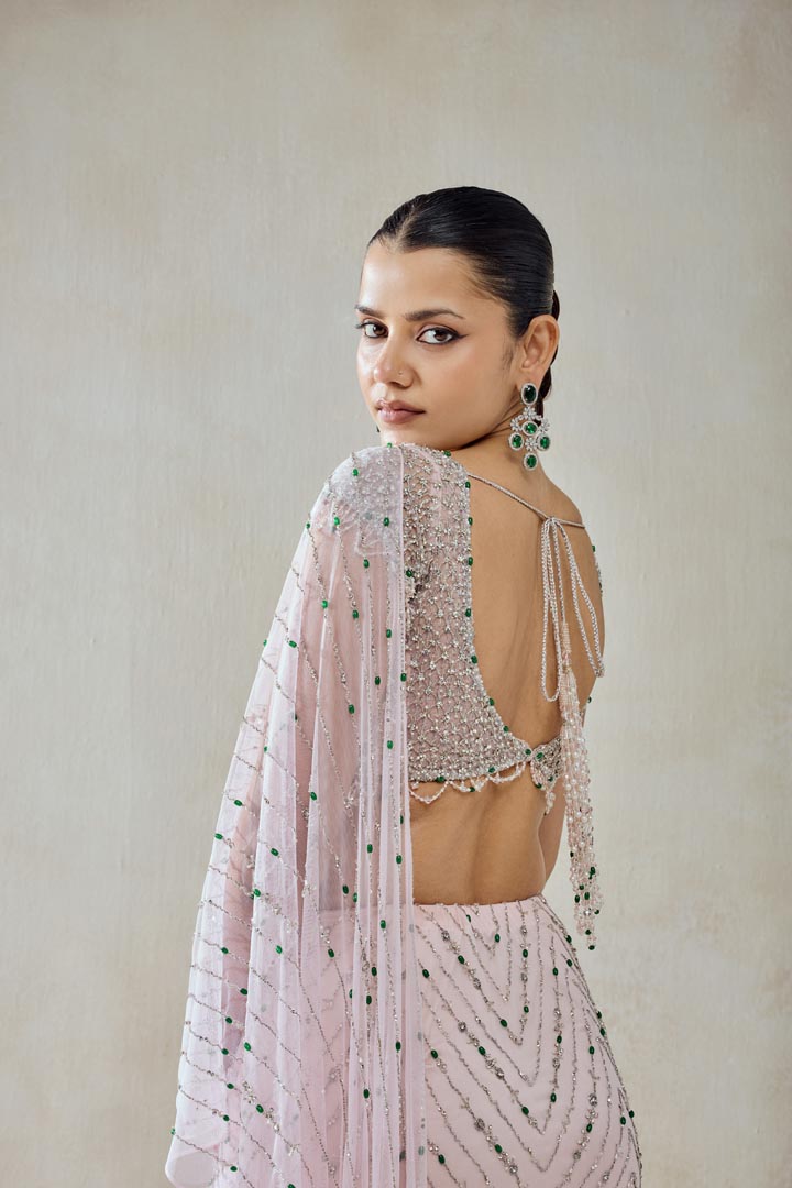 Baby Pink Draped Saree Set with Sequin Work for Weddings
