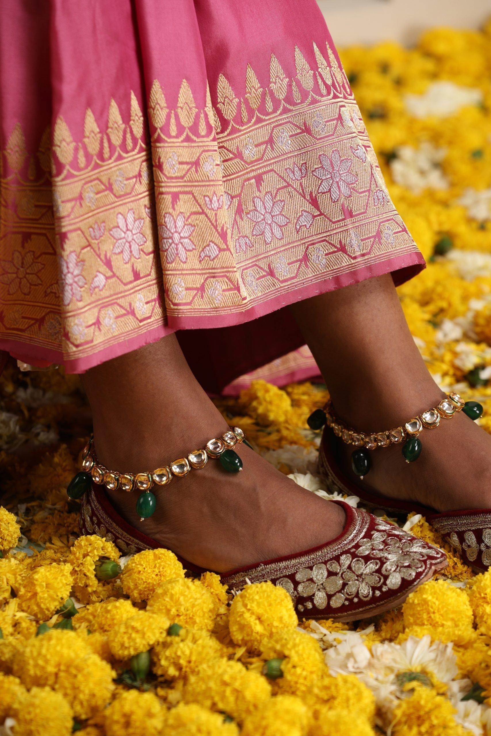 Green Gold Tone Kundan Anklets