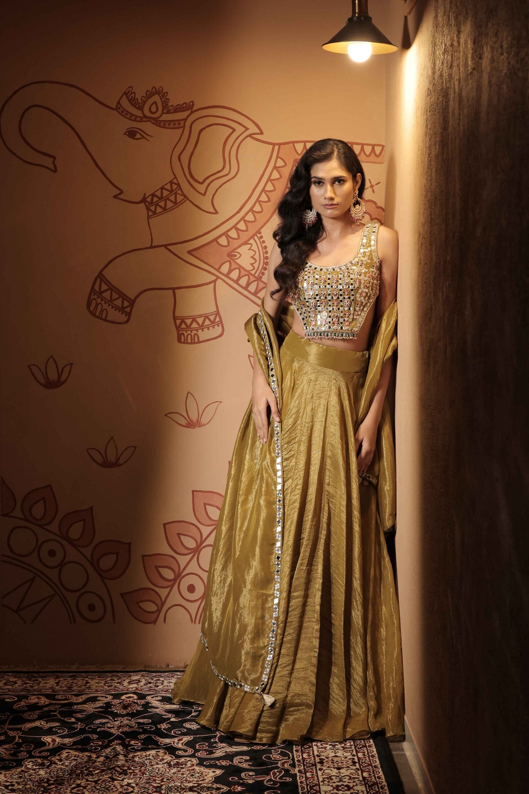 The " Sheesh Mahal" lehenga set /olive green jewel and mirror embellished tissue lehenga set