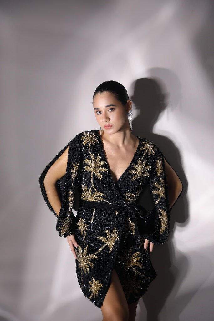 Palm Noir Hand-Embellished Sequin Wrap Mini Dress for Evening Glam