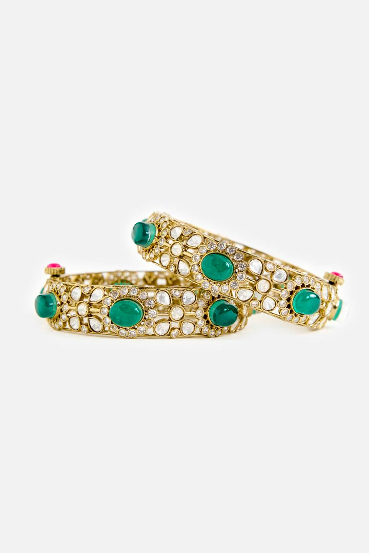 Green Stone & Polki Gold-Tone Bangle Set
