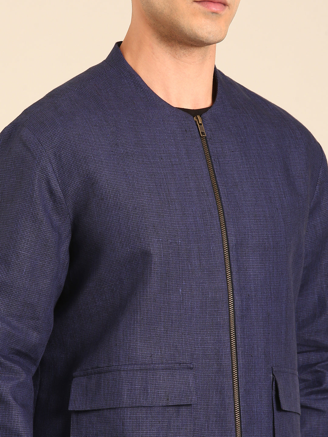 Blue 100% Linen Bomber Jacket