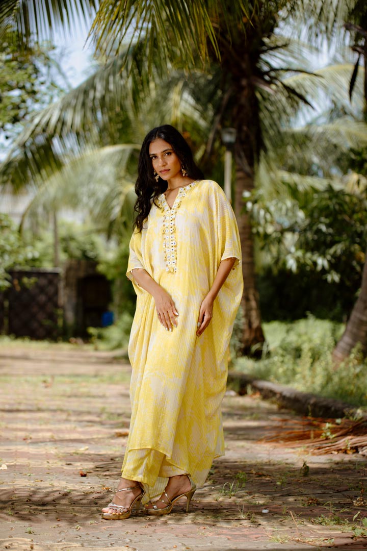 Yellow Viscose Georgette Digital Printed & Embroidered Kaftan Set