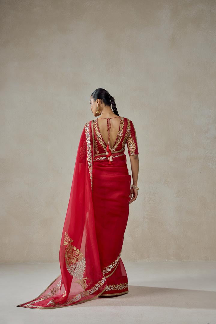 Elegant Red Organza Saree Set with Gold Embroidery and Brocade Blouse