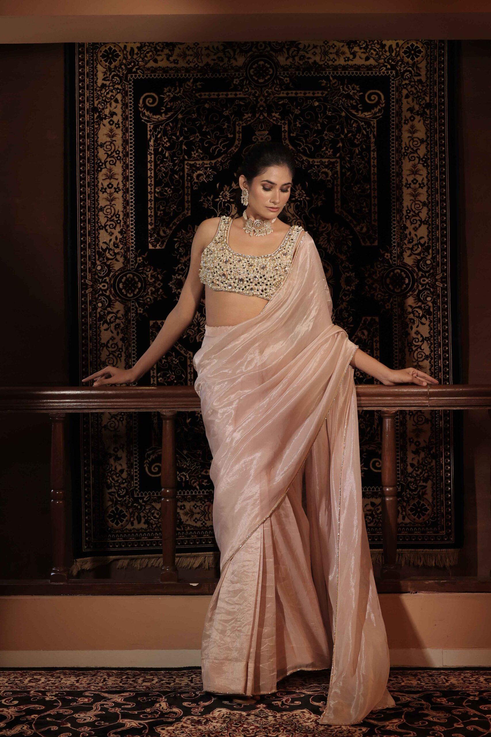 The " Hiramoti " saree set /Blush pink kundan and pearl embellished tissue saree set