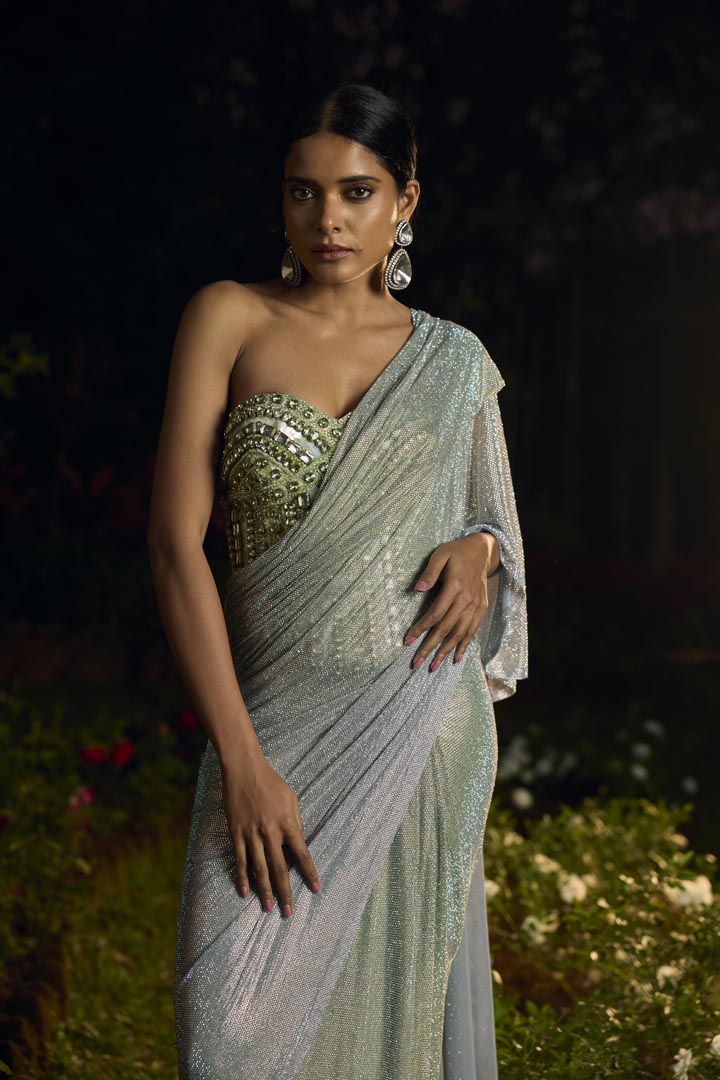 Pista Noor Crystal Saree Set