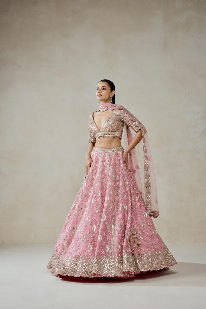 Pink Organza Mirror Work Lehenga Set with Multiresham Embroidery