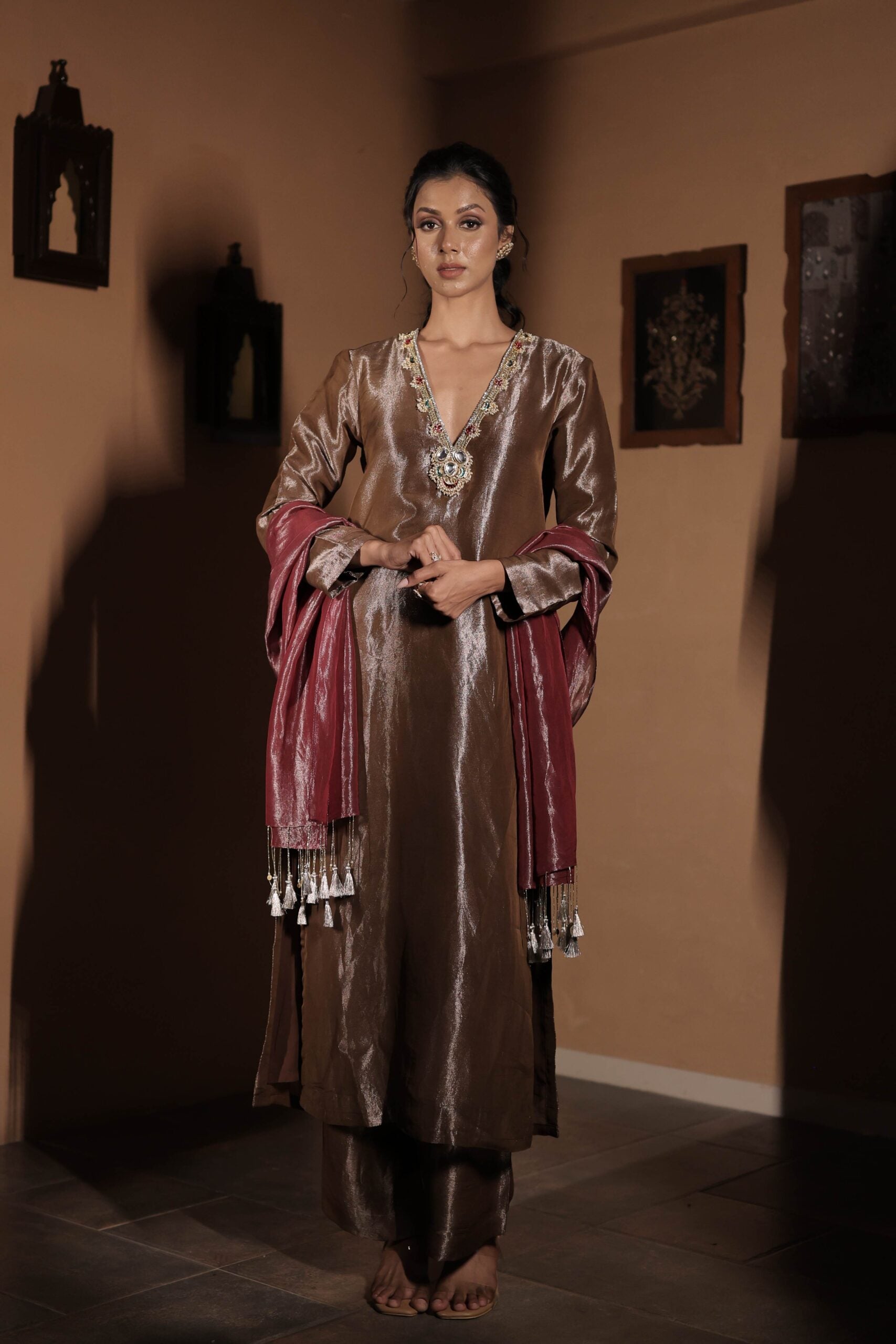 The "Tamra Sundari "kurta set /copper jewel embellished tissue suit set