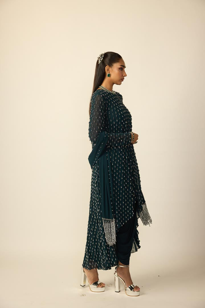Dark Teal Silver Drop Kurta With Stole
