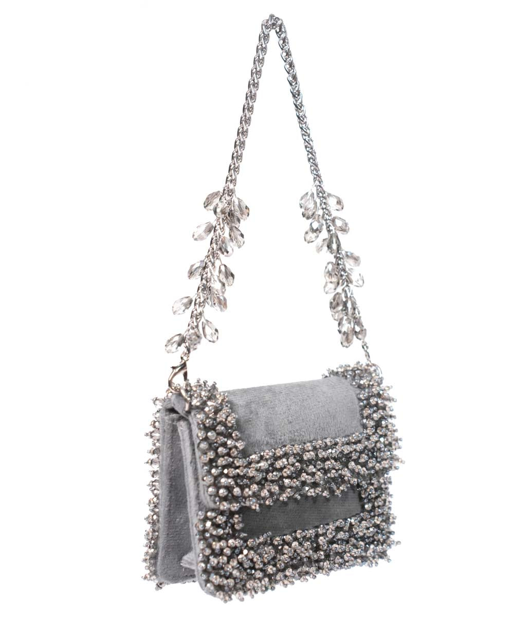 Elana Grey Suede Crystal Embellished Mini Bag
