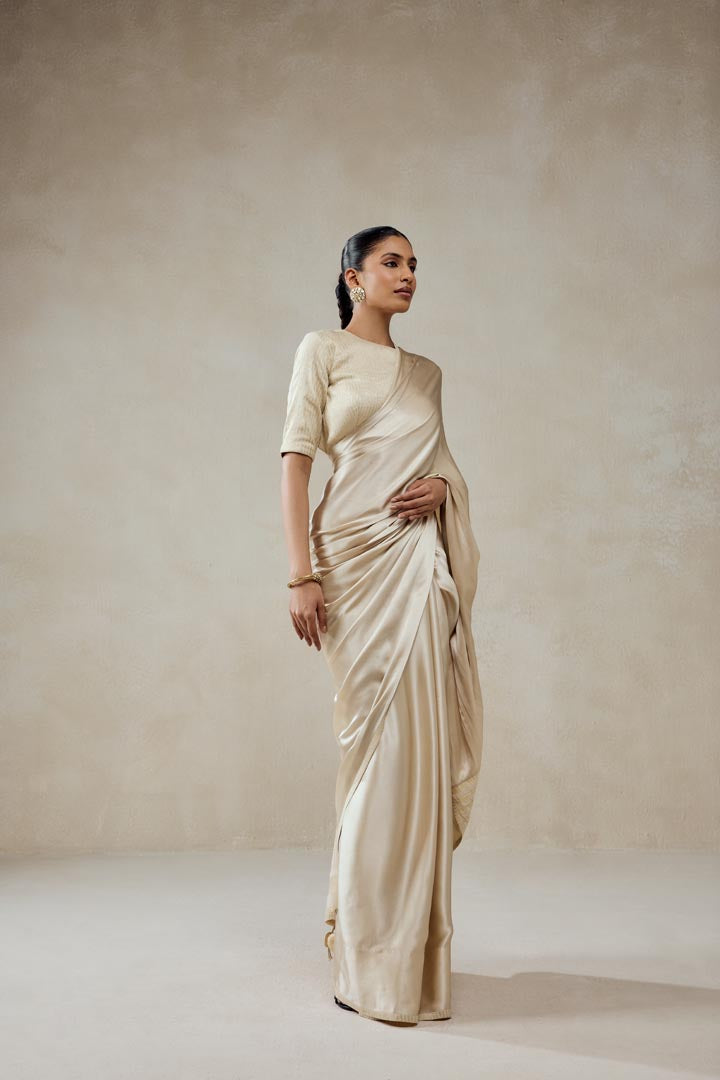 Ivory Monga Tissue Gold Striped Saree Set - Elegant Ethnic Wear