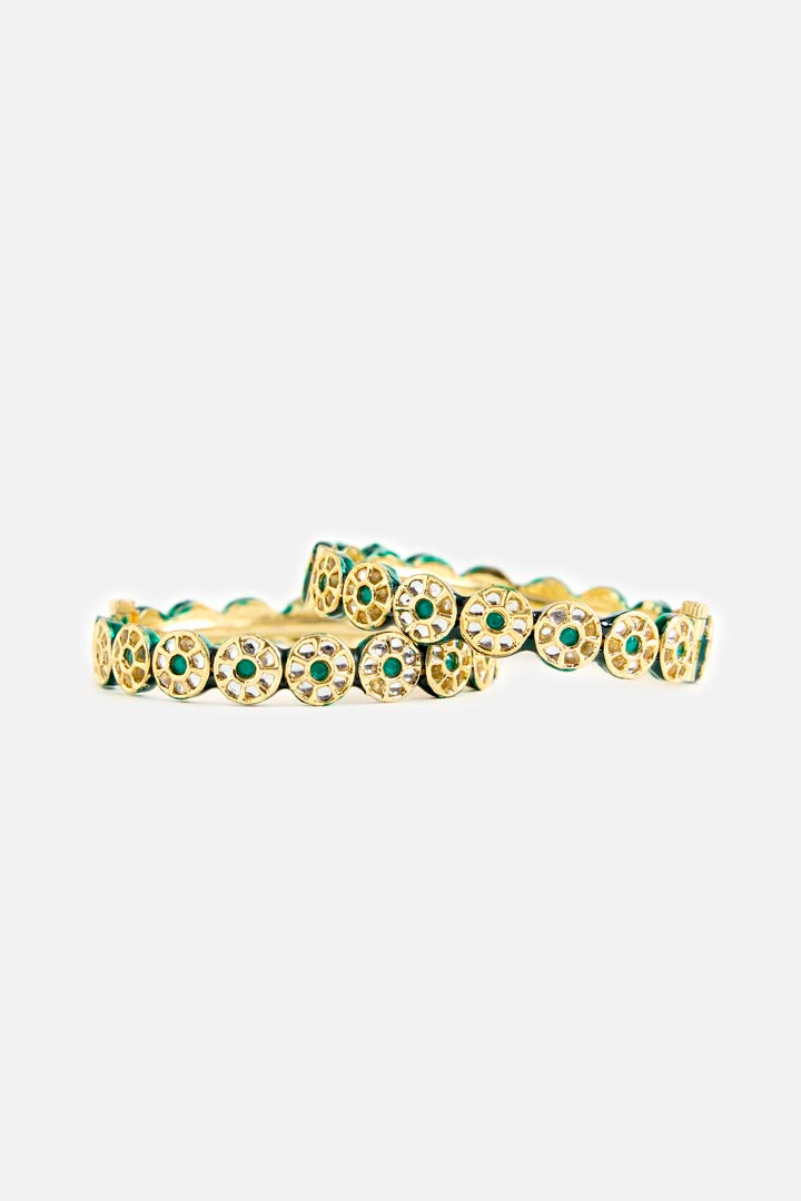 Gold-Toned Green Stone & Pearl Embellished Bangles