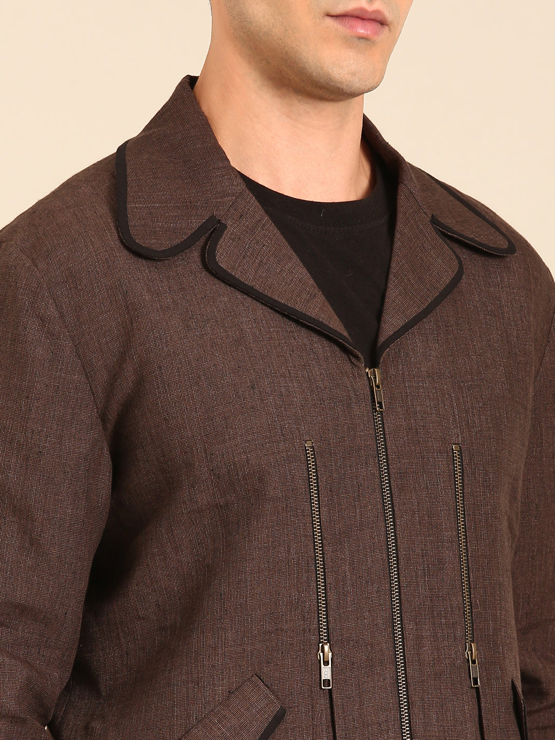 Brown 100% Linen Bomber Jacket