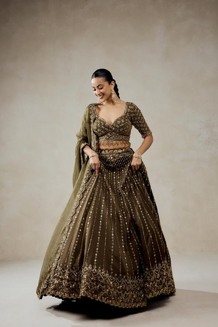 Mehendi Green Embroidered Organza Lehenga Set for Wedding Couture