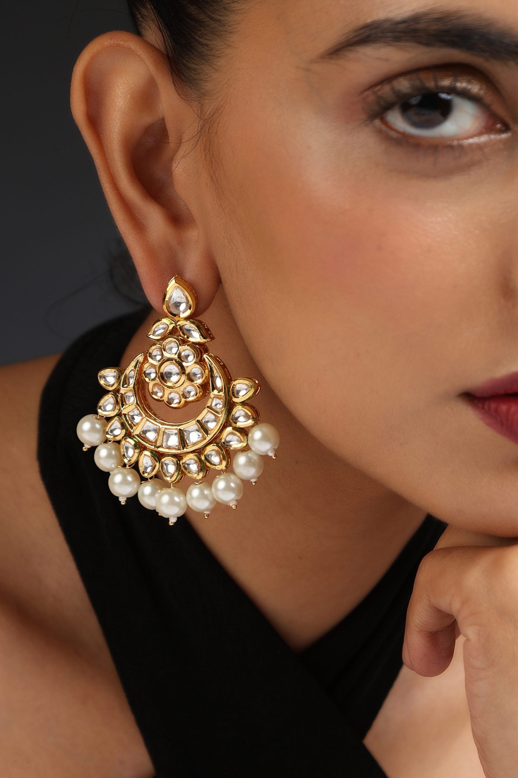 White Gold Tone Kundan and Pearl Chandbali Earrings