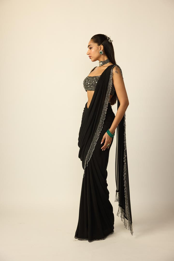 Black Georgette Tassel Saree