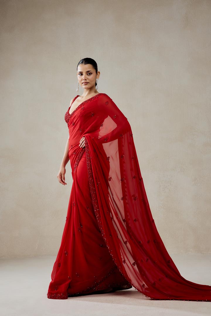 Red Georgette Saree Set with Embellished Blouse for Weddings