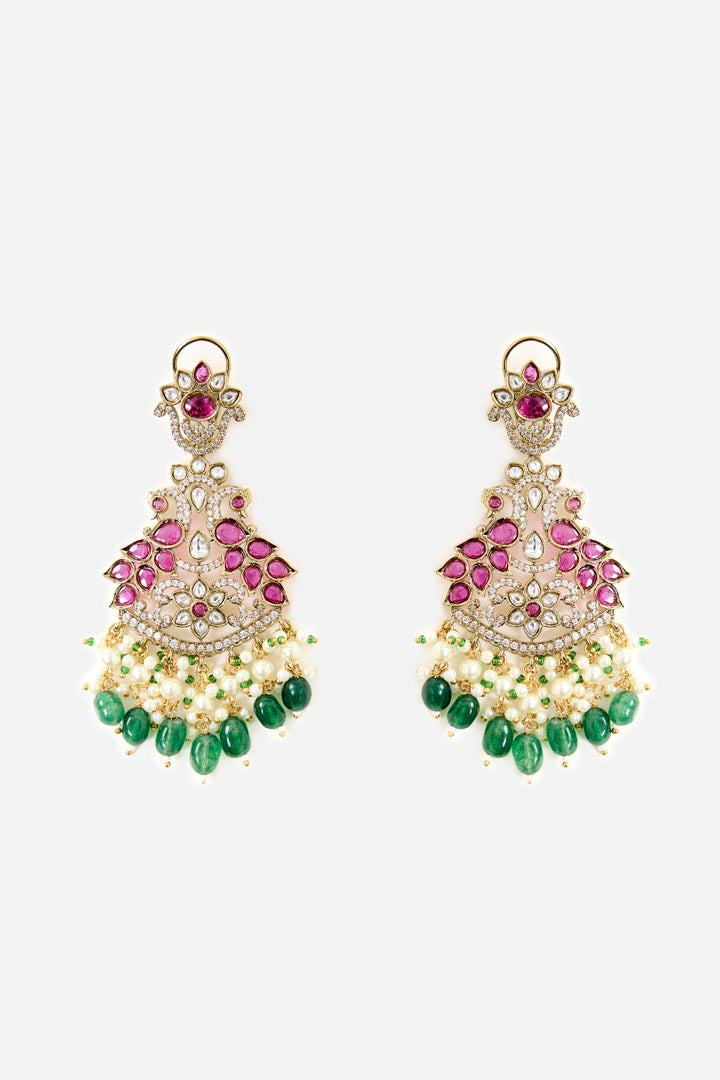 Ruby & Emerald Beaded Chandelier Earrings with Pearl Drops