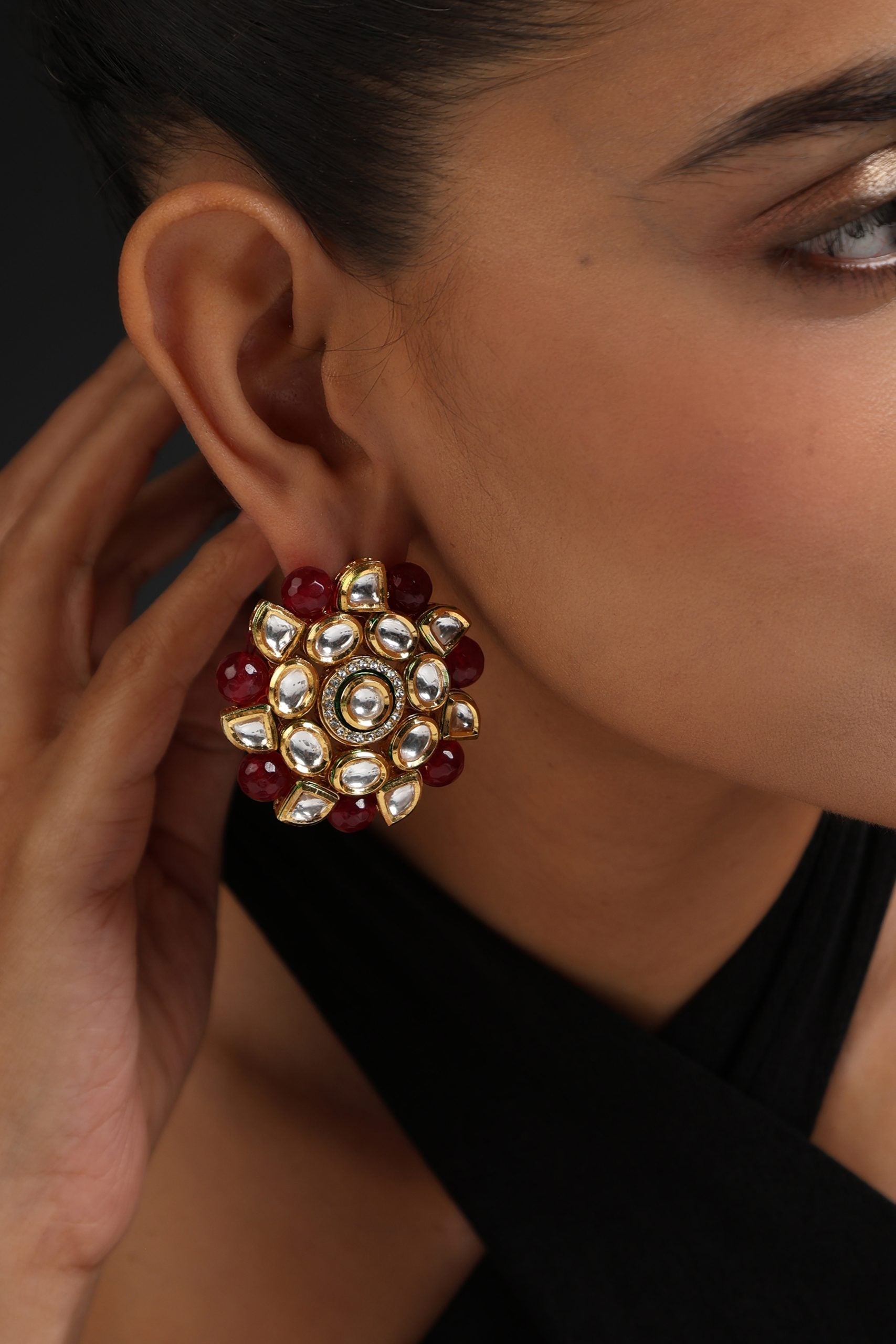 Red Gold Tone Kundan Stud Earrings