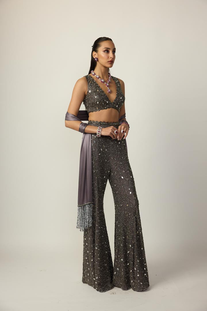 Metallic Grey Sharara Pant Set