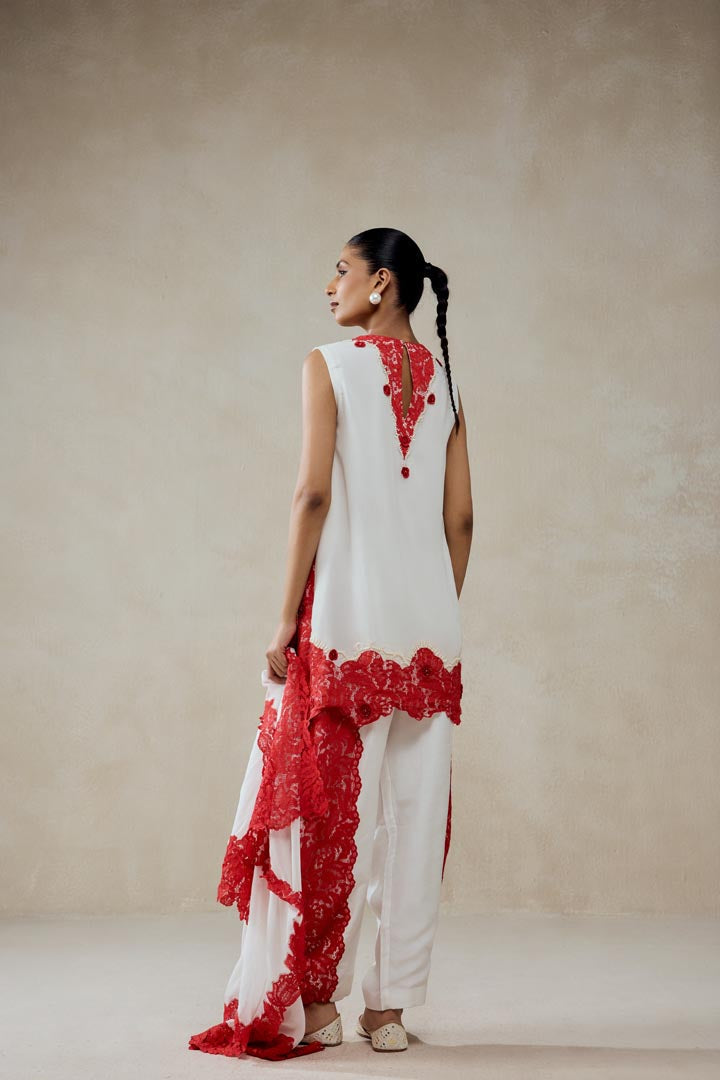 White Georgette Red Lace Applique Suit Set - Designer Festive Wear