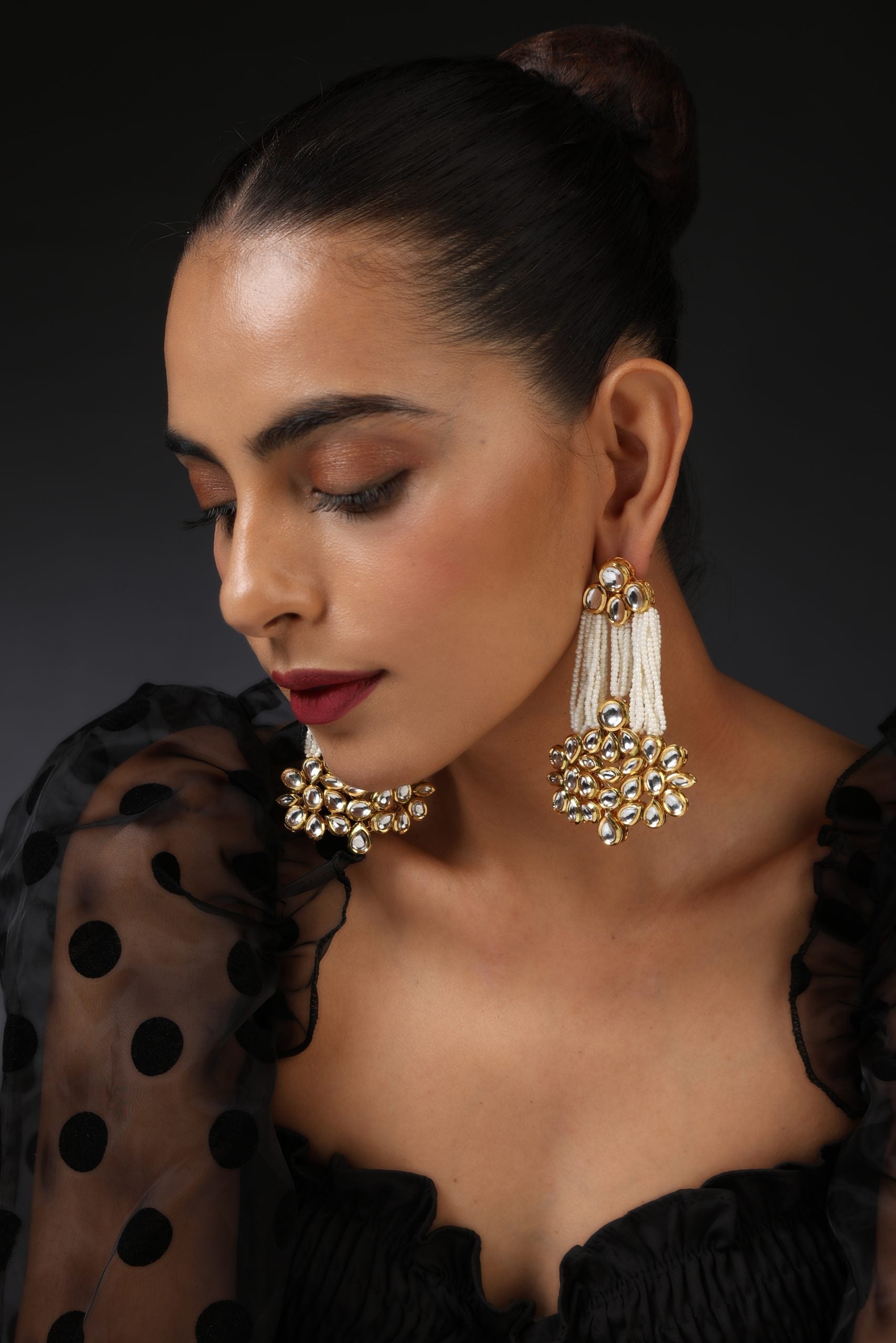 White Gold Tone Kundan and Pearl Dangler Earrings