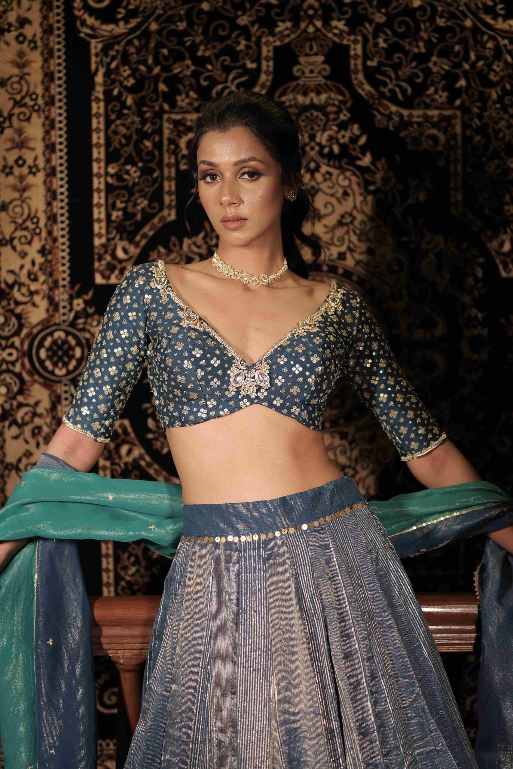 The " Neelaya" lehenga set ,Midnight blue kundan and sequins embroidered banarasi lehenga set