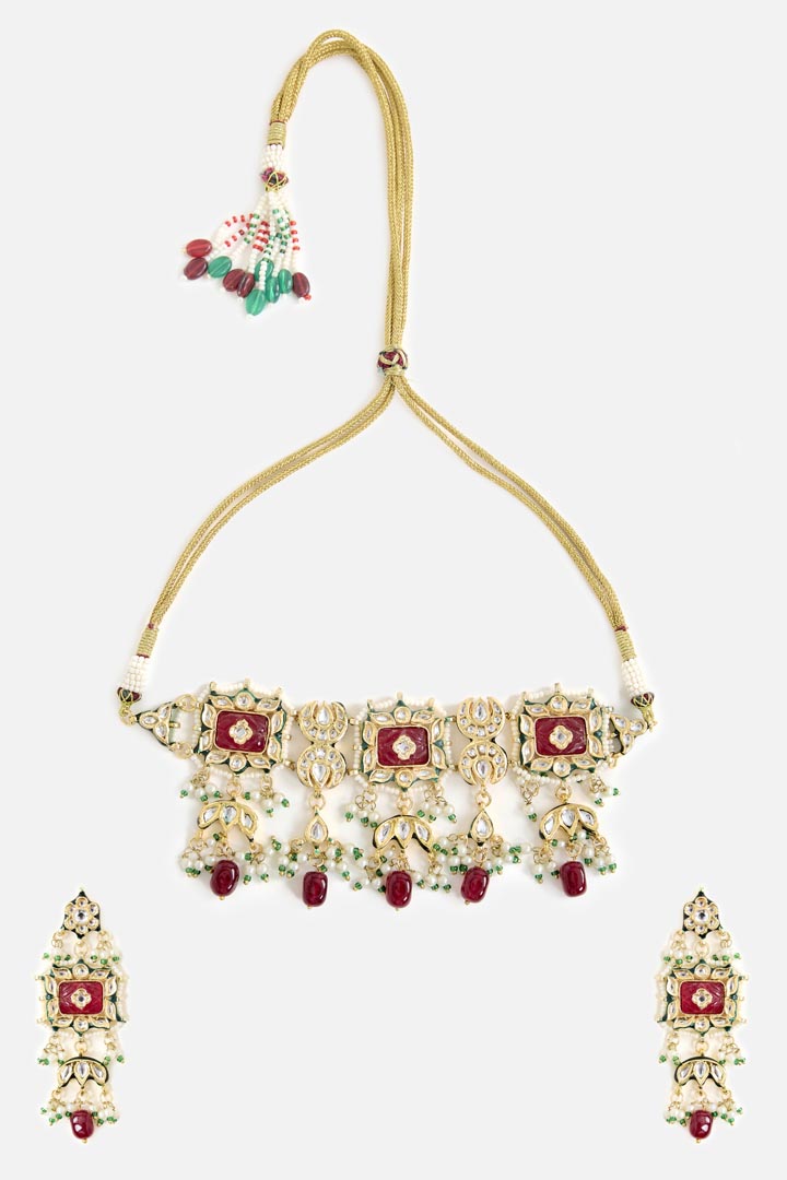 Gold-Tone Choker Necklace & Earring Set with Red Stone and Pearl Detailing