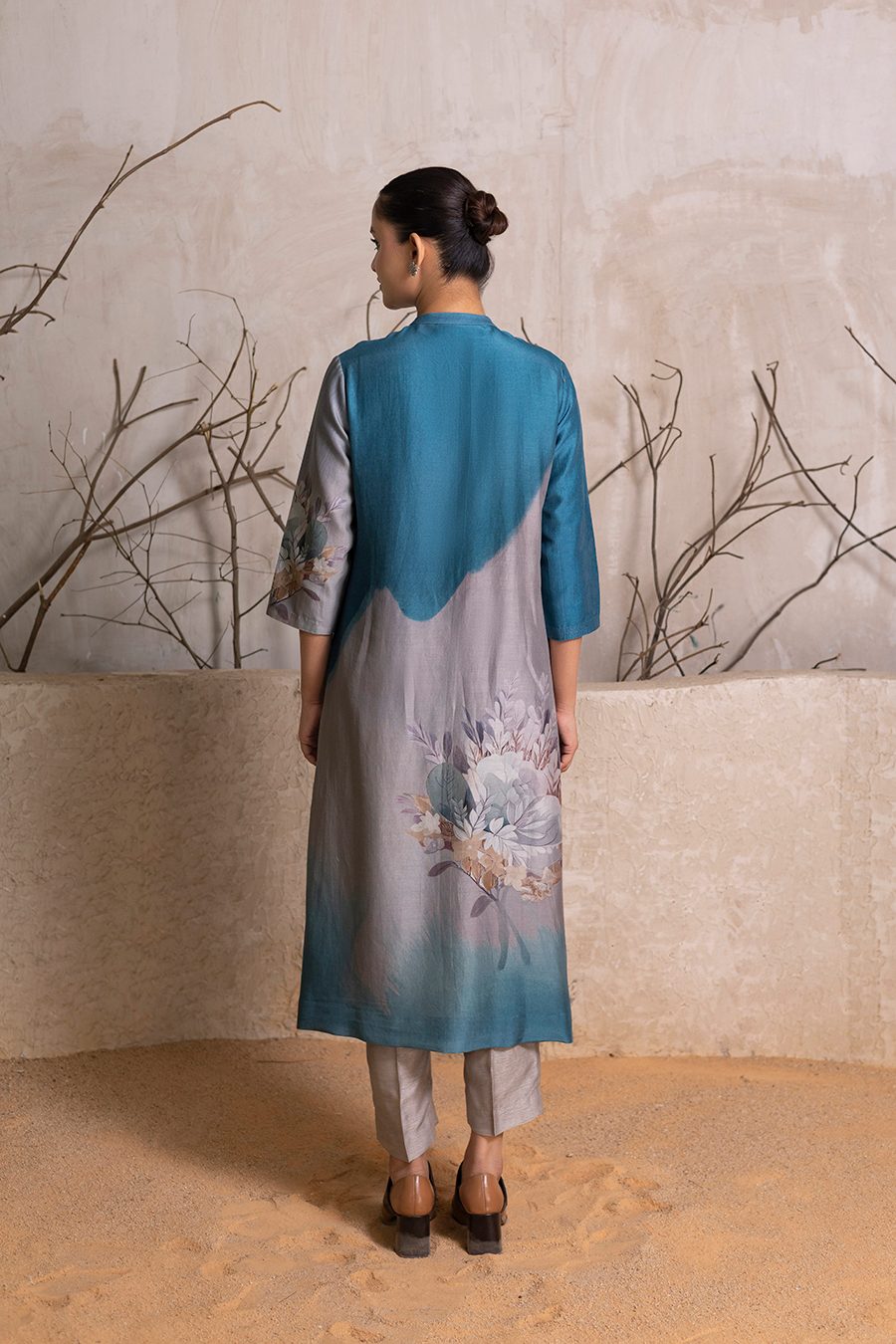Denim Blue & Grey Shaded Silk Chanderi Printed Tunic (1 PC)