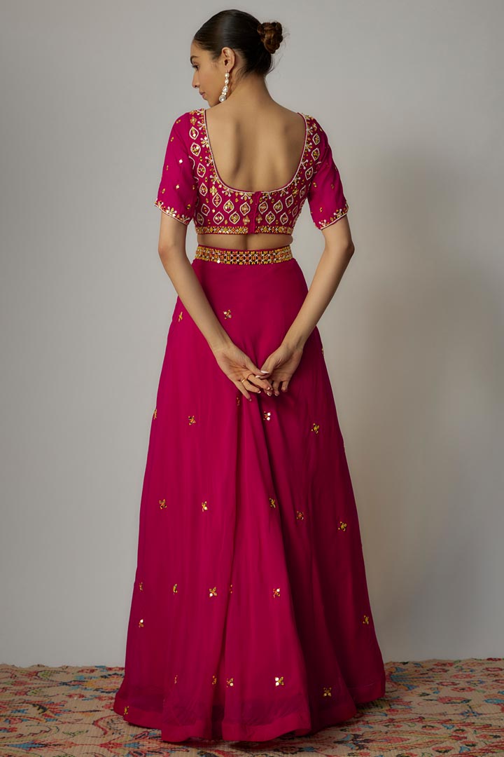 Pink Organza Thread & Mirror Embroidered Lehenga Set