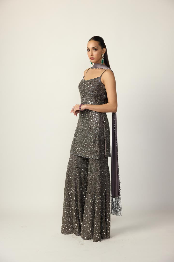 Metallic Grey Sharara With Kurta Set