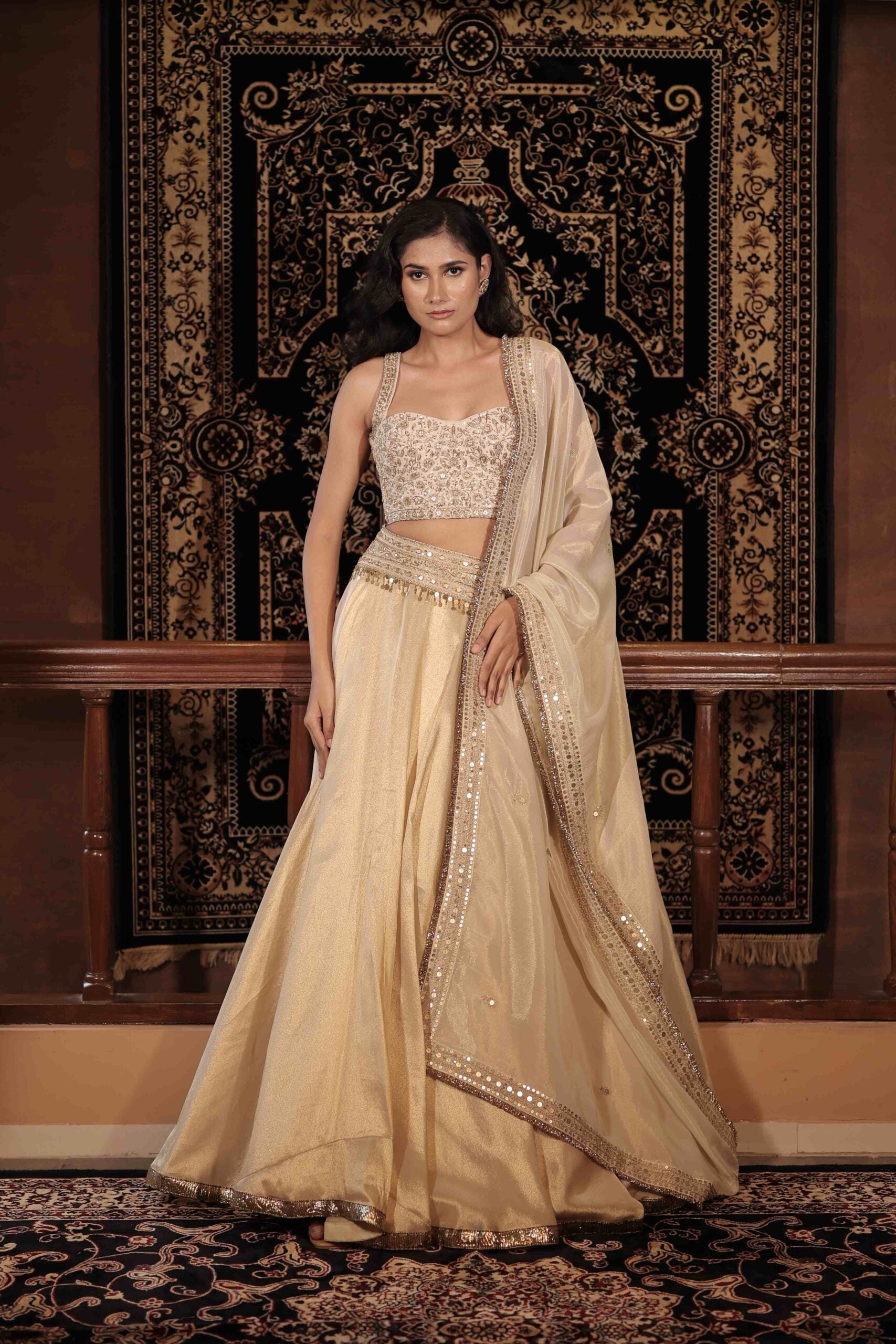 The "Roopmati " lehenga set / Ivory gold zardozi floral embroidered tissue lehenga set