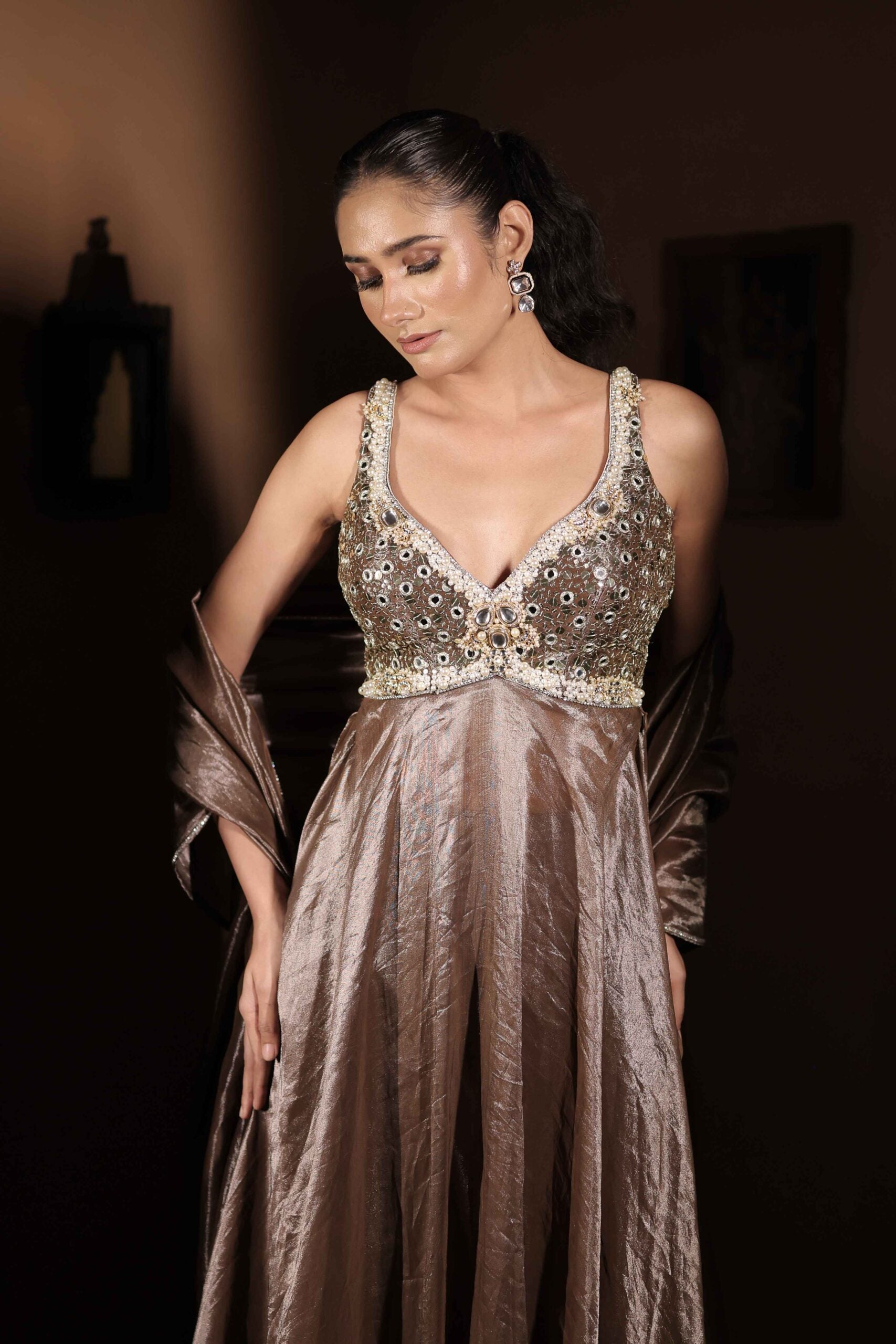 The " Celestial Bronze " Gown set / Copper kundan,mirror and pearl embellished gown set