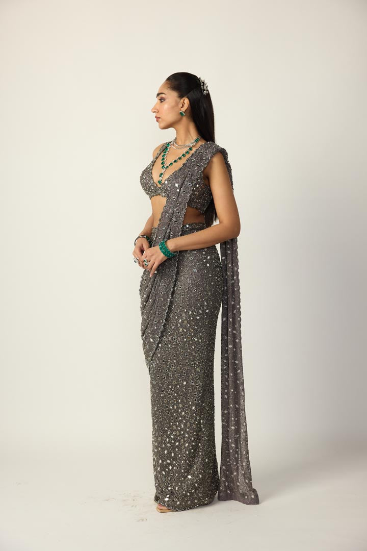 Metallic Grey Draped Saree Set