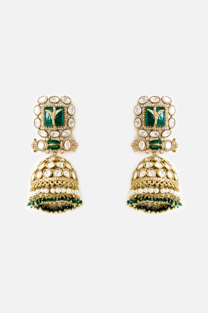 Gold-Tone Jhumka Earrings with Green & Pink Stone and Pearl Detailing