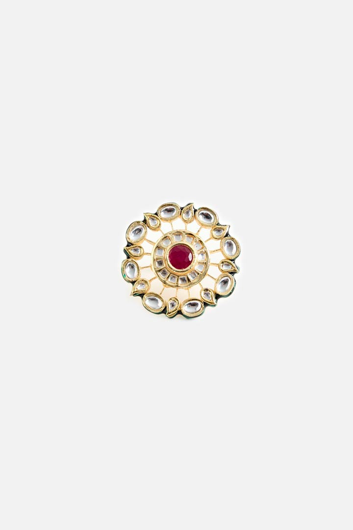 Gold-Tone Oversized Ring with Red Stone and Kundan Detailing
