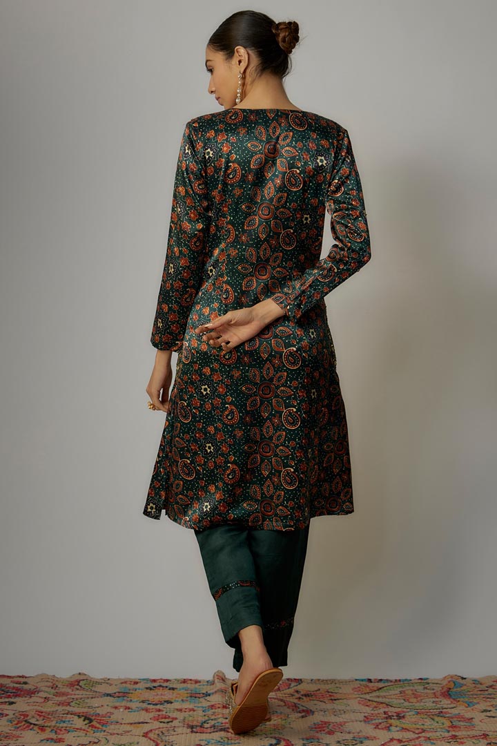 Teal Green Satin Hand Embroidered Angrakha Kurta Set