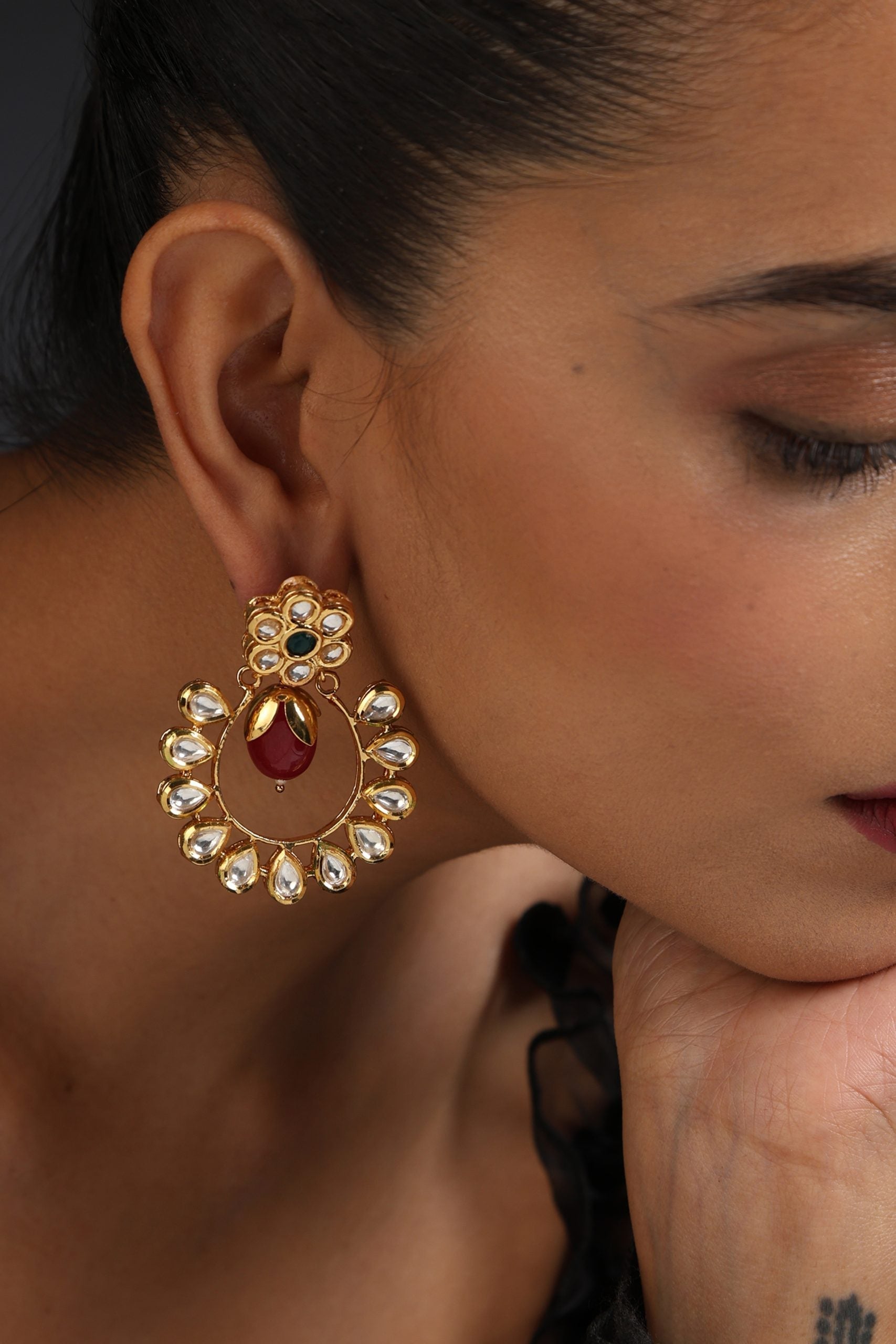 Multicolour Gold Tone Kundan Chandbali Earrings